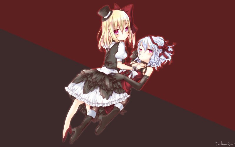 Two Anime Girls Hugging — Red, Dramatic, Bows, Dresses