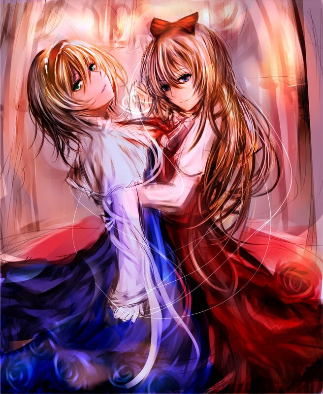 Two Anime Girls Hugging — Red, Dramatic, Digital Art, Dresses