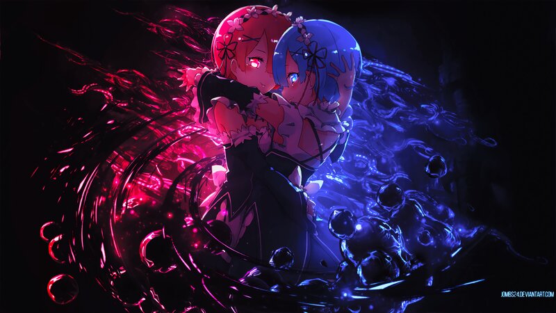 Two Anime Girls Hugging — Red, Dramatic, Night