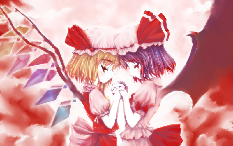 Two Anime Girls Hugging — Red, Dramatic, Red Bows