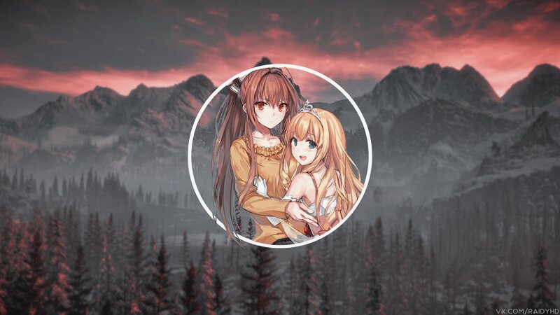 Two Anime Girls Hugging — Red, Dramatic, Sunset, Mountains