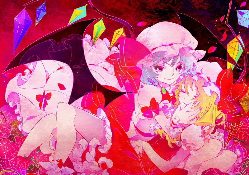 Two Anime Girls Hugging — Red, Dreamy