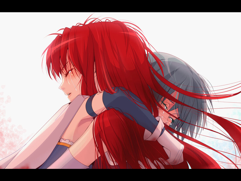Two Anime Girls Hugging — Red, Emotional