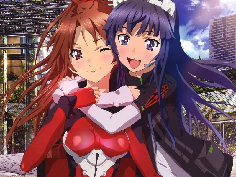 Two Anime Girls Hugging — Red, Happy