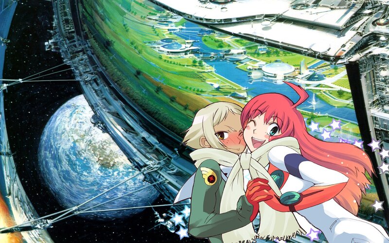 Two Anime Girls Hugging — Red, Joyful, Space Station