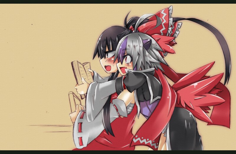 Two Anime Girls Hugging — Red, Playful, Book
