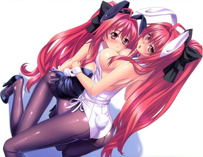 Two Anime Girls Hugging — Red, Playful, Bunny Ears, Long Hair