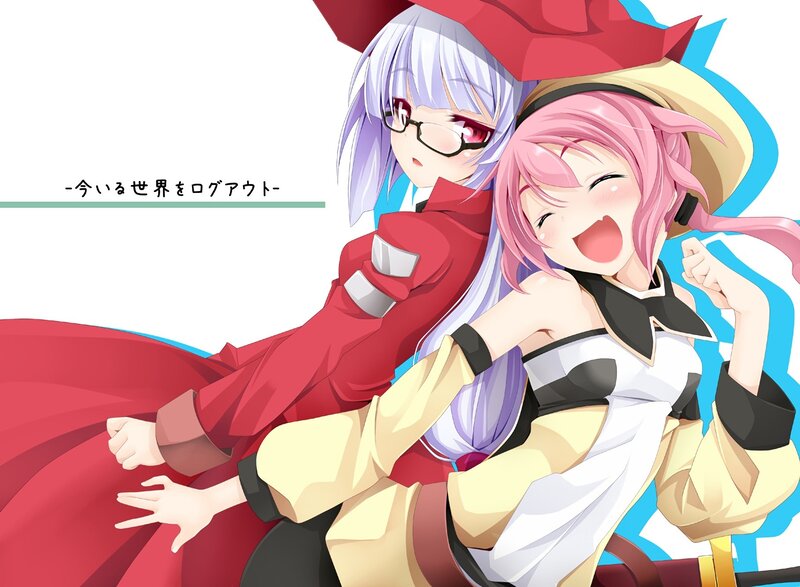 Two Anime Girls Hugging — Red, Playful, Glasses