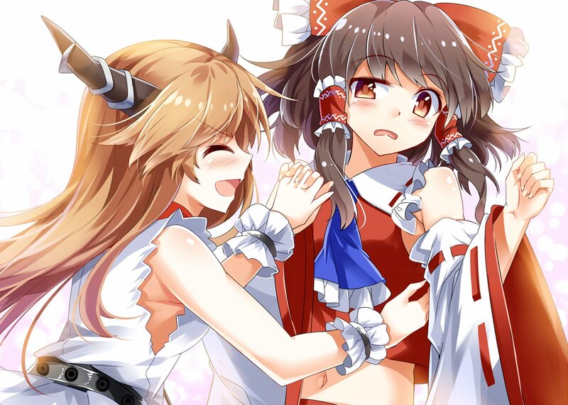 Two Anime Girls Hugging — Red, Playful, Horns