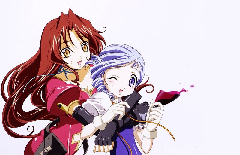 Two Anime Girls Hugging — Red, Playful, Long Hair