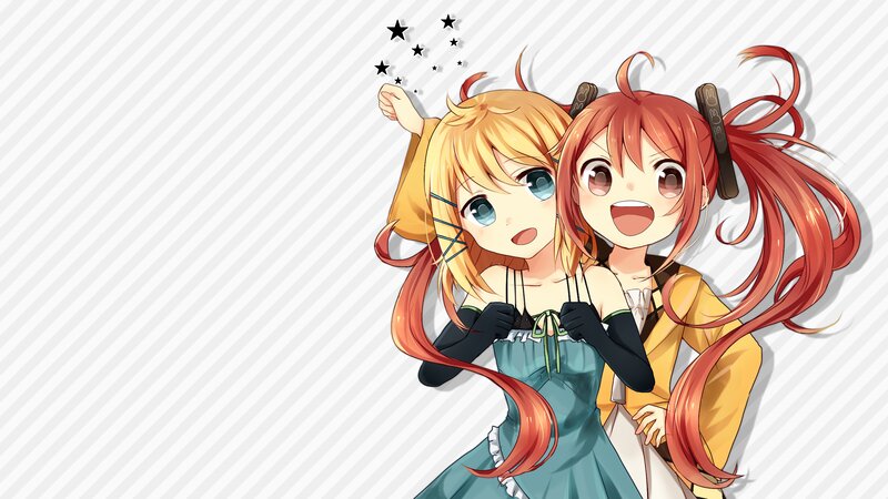 Two Anime Girls Hugging — Red, Playful, Stars