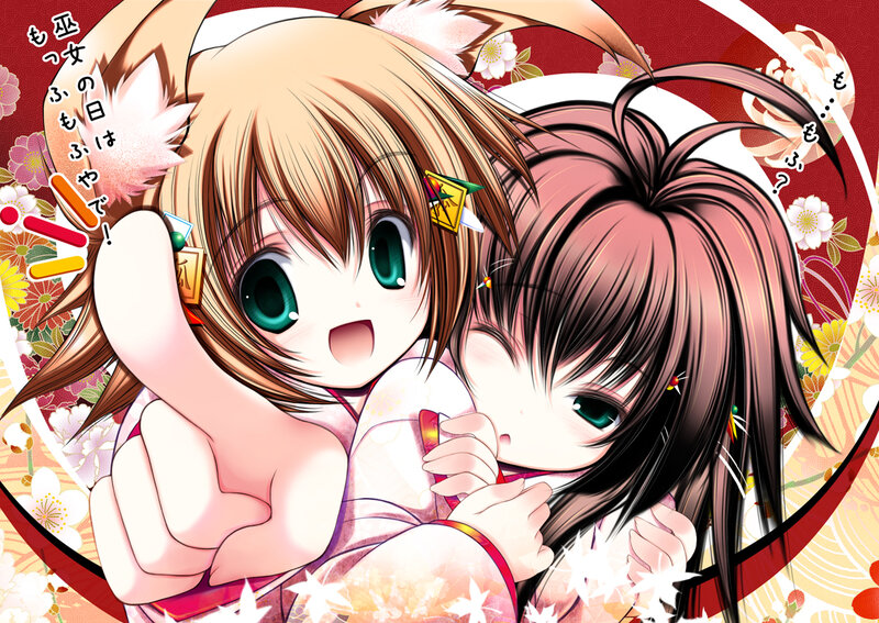 Two Anime Girls Hugging — Red, Playful