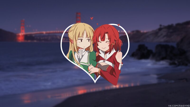 Two Anime Girls Hugging — Red, Romantic, Night