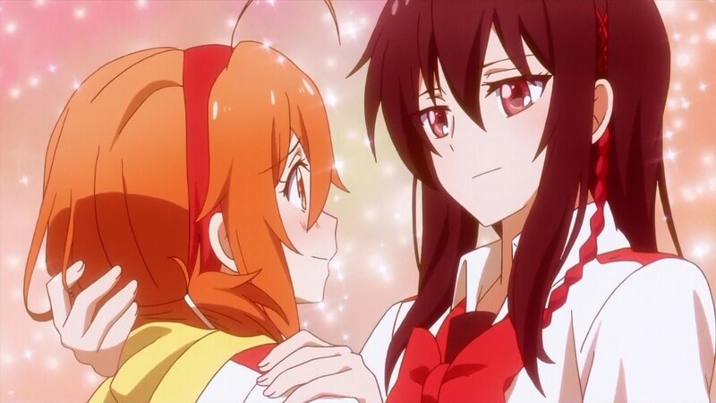 Two Anime Girls Hugging — Red, Romantic