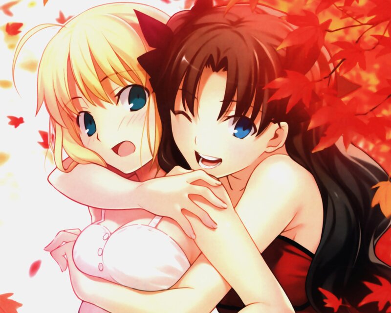 Two Anime Girls Hugging — Red, Warm, Autumn