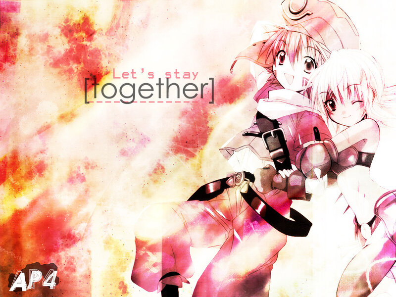 Two Anime Girls Hugging — Red, Warm