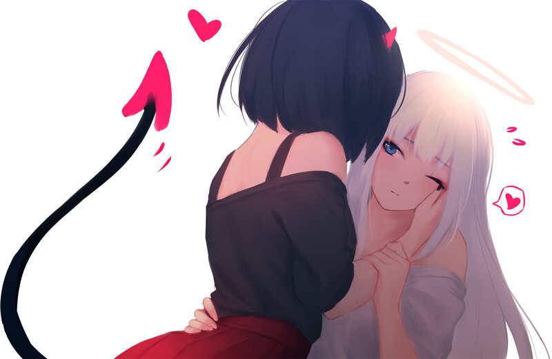 Two Anime Girls Hugging — White, Affectionate, Angel