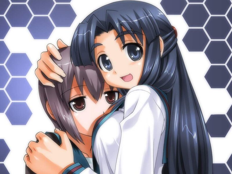 Two Anime Girls Hugging — White, Affectionate, Honeycomb Pattern