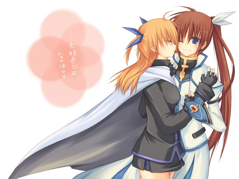 Two Anime Girls Hugging — White, Affectionate, Hug, Cape