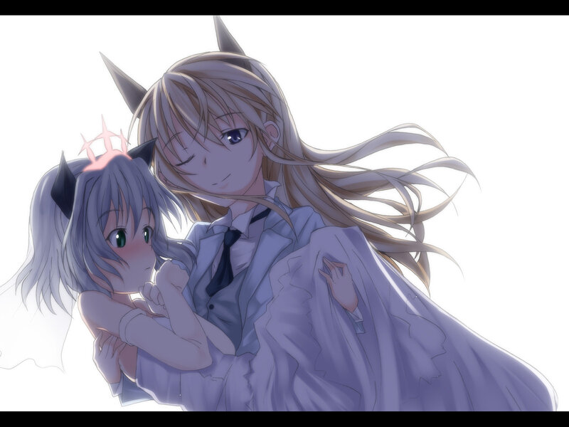 Two Anime Girls Hugging — White, Calm, Cat Ears