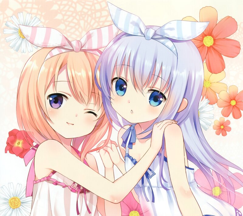 Two Anime Girls Hugging — White, Cheerful, Spring