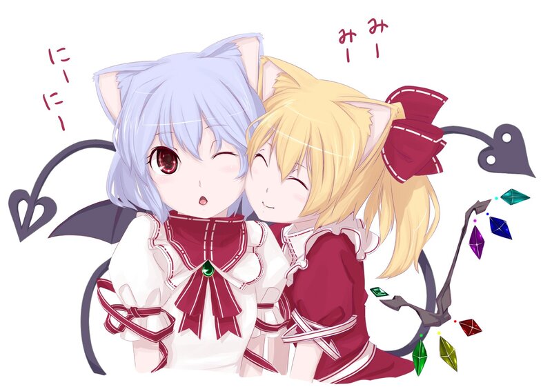 Two Anime Girls Hugging — White, Cute, Cat Ears
