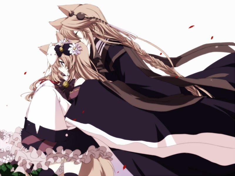 Two Anime Girls Hugging — White, Dramatic, Cat Ears