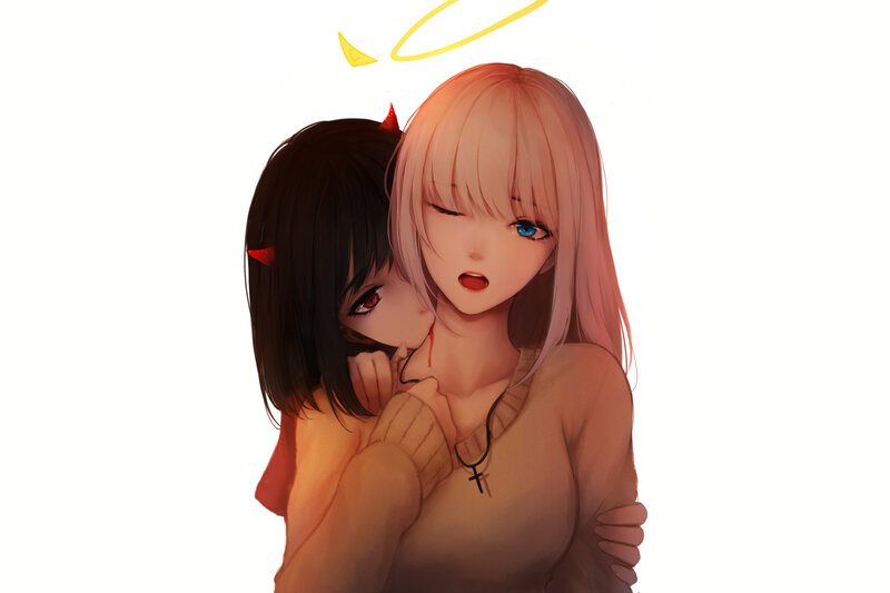Two Anime Girls Hugging — White, Dramatic, Digital Art