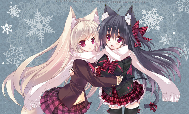 Two Anime Girls Hugging — White, Festive