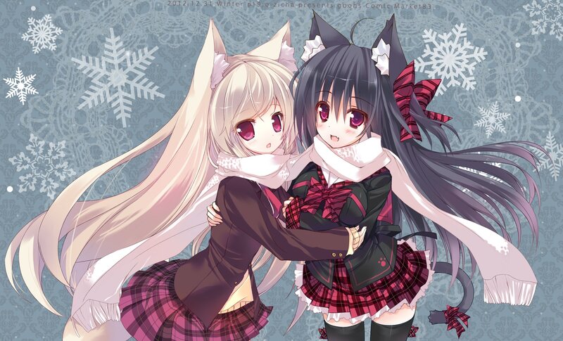 Two Anime Girls Hugging — White, Festive, Winter