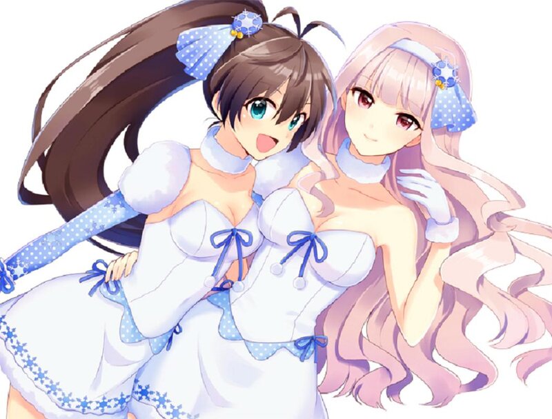 Two Anime Girls Hugging — White, Happy, Dresses