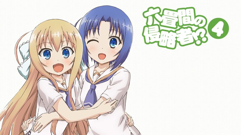 Two Anime Girls Hugging — White, Happy, School Uniforms, Text