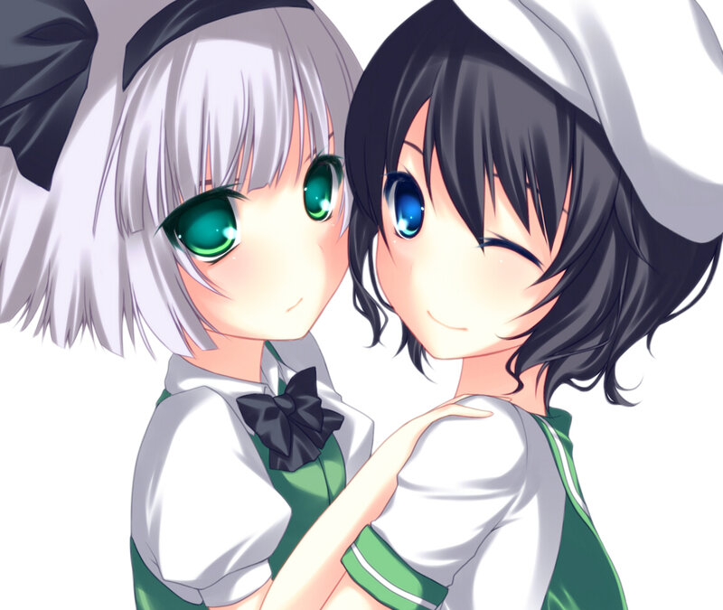 Two Anime Girls Hugging — White, Happy
