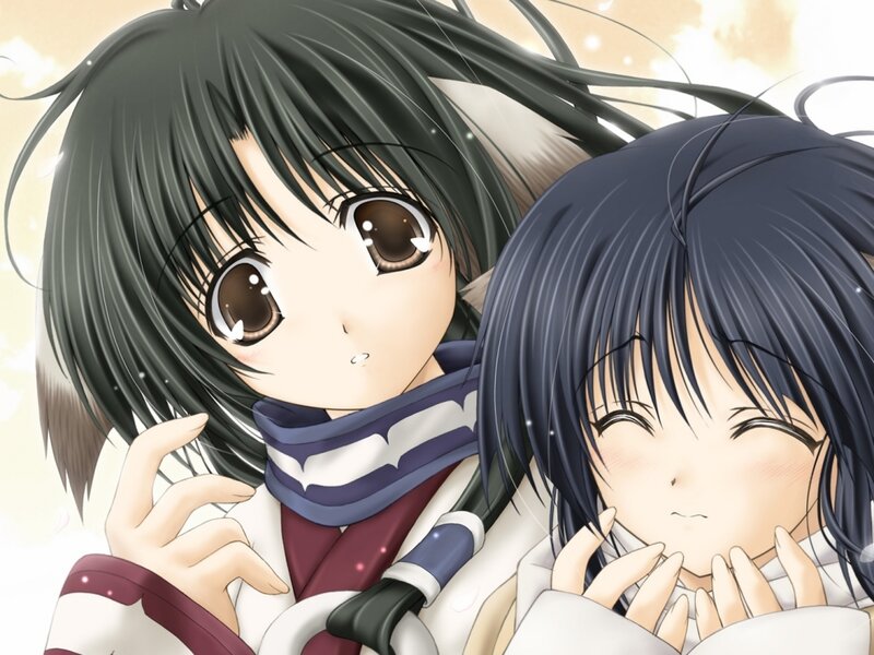 Two Anime Girls Hugging — White, Peaceful, Scarf