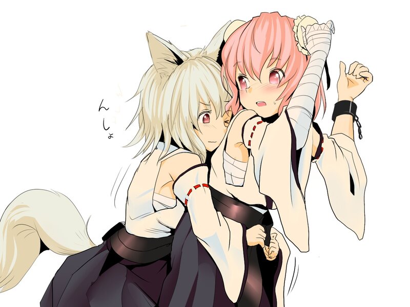 Two Anime Girls Hugging — White, Playful, Fox Ears
