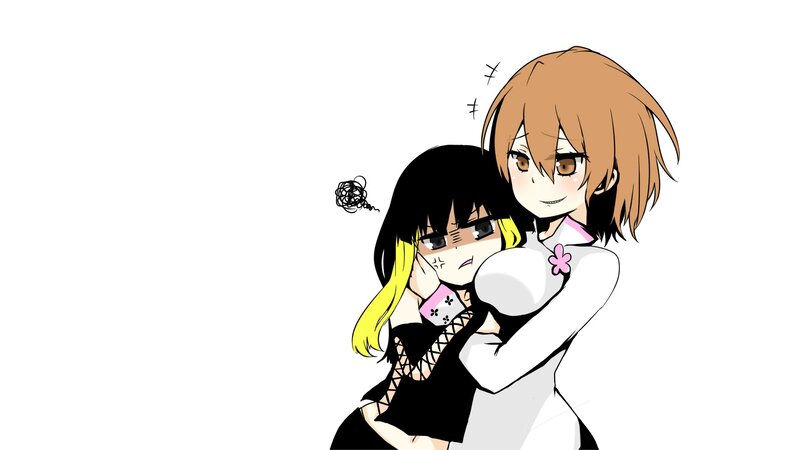 Two Anime Girls Hugging — White, Playful, Hug