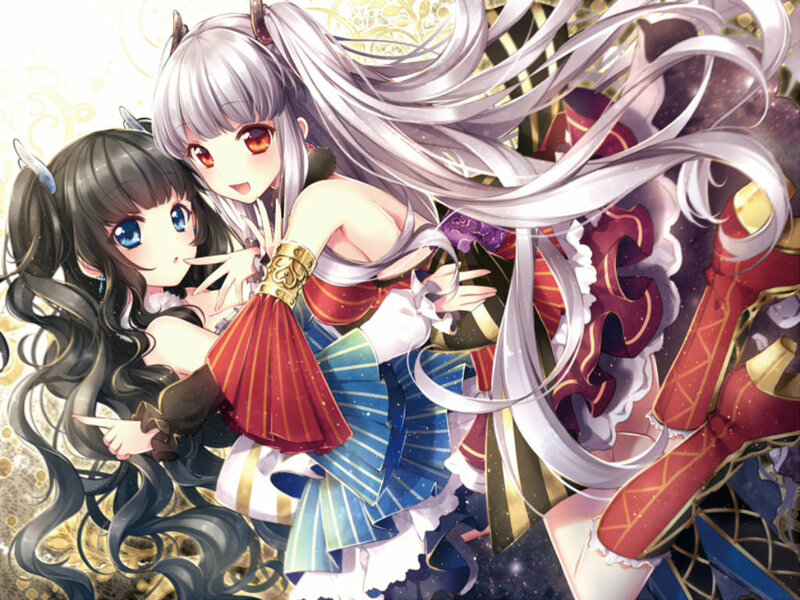 Two Anime Girls Hugging — White, Playful, Long Hair, Costumes