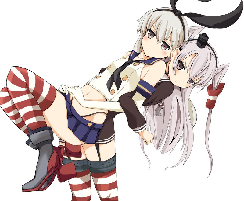 Two Anime Girls Hugging — White, Playful, Striped Stockings