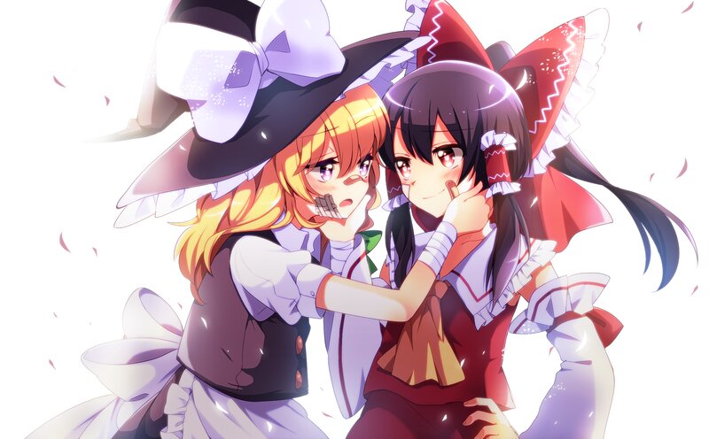 Two Anime Girls Hugging — White, Playful, Witch Hat