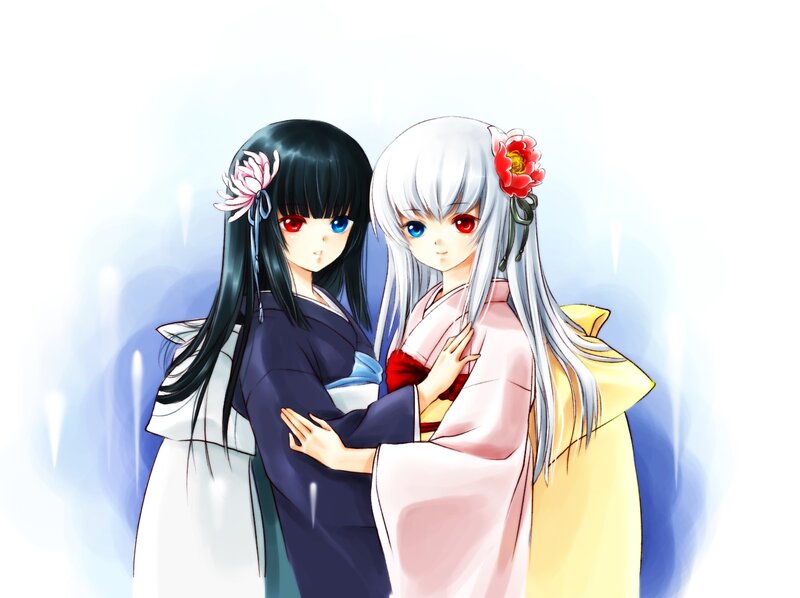 Two Anime Girls Hugging — White, Serene