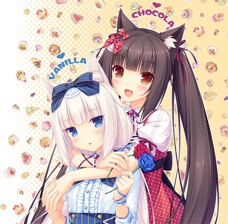 Two Anime Girls Hugging — Yellow, Cheerful, Cat Ears