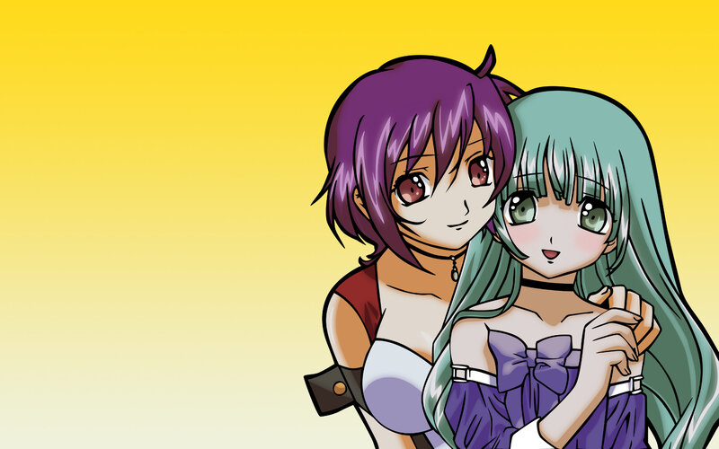 Two Anime Girls Hugging — Yellow, Cheerful, Long Hair