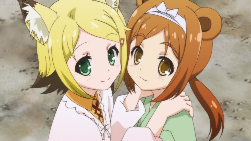 Two Anime Girls Hugging — Yellow, Friendly