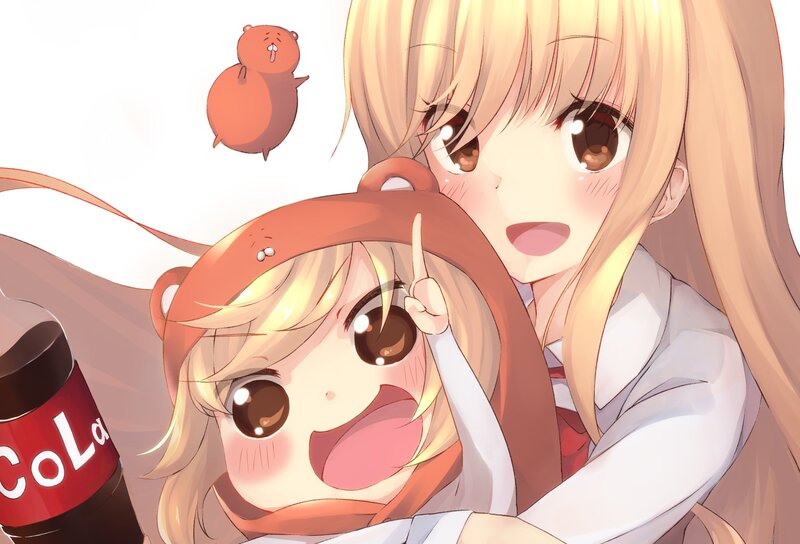 Two Anime Girls Hugging — Yellow, Happy, Bear Hat