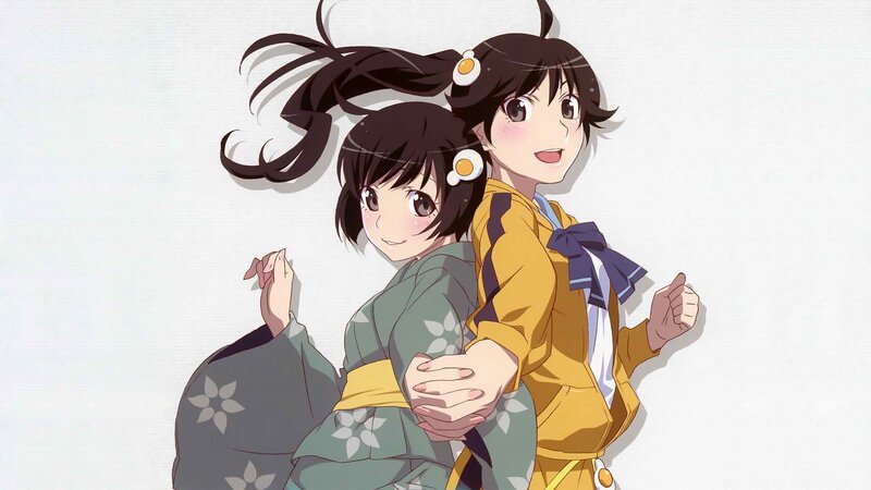 Two Anime Girls Hugging — Yellow, Happy, School Uniforms