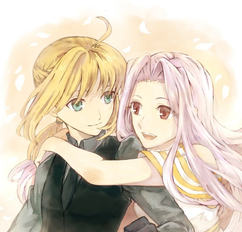 Two Anime Girls Hugging — Yellow, Warm, Flowers