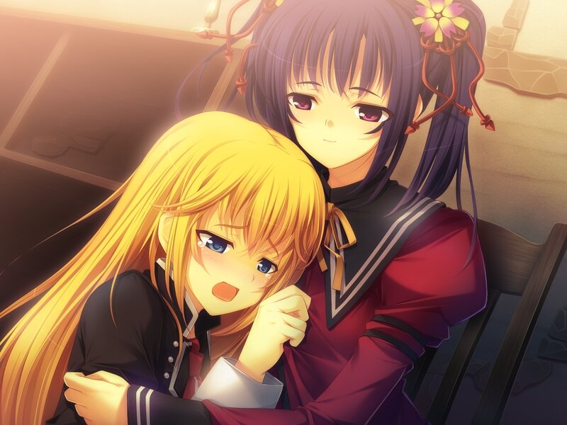 Two Anime Girls Hugging — Yellow, Warm, School Uniforms