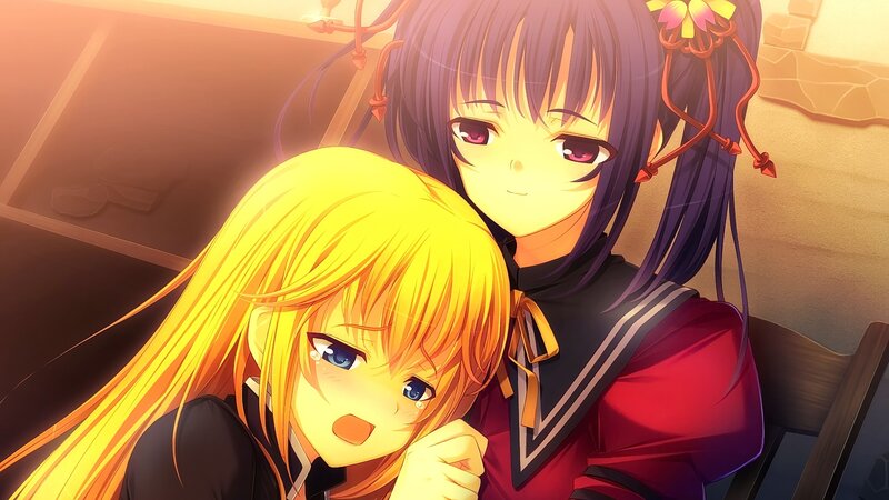Two Anime Girls Hugging — Yellow, Warm, Sunset, School Uniforms