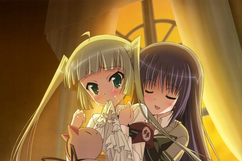Two Anime Girls Hugging — Yellow, Warm, Sunset