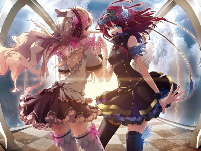 Two anime girls in a bright room